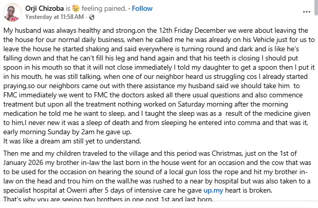 Nigerian woman mourns her husband and brother in-law who both passed away mysteriously weeks apart