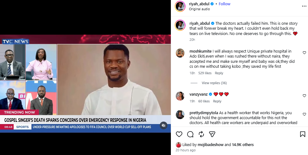 Nigerian doctors react after TVC reporter berated healthcare workers over singer Toluwanising's demise