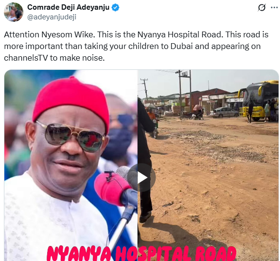 This road is more important than taking your children to Dubai and appearing on channelsTV to make noise- lawyer, Deji Adeyanju, draws FCT Minister?s attention to the deplorable state of the road leading to Nyanya Hospital