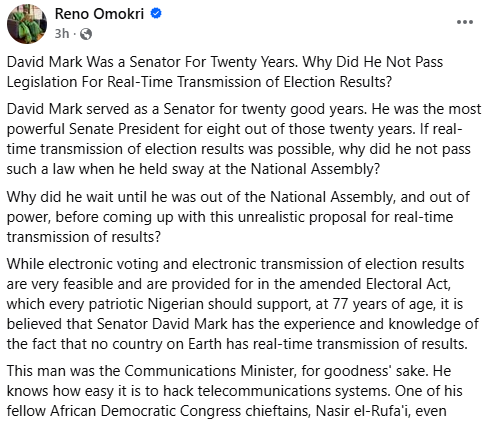 Reno Omokri challenges David Mark on real-time election result transmission