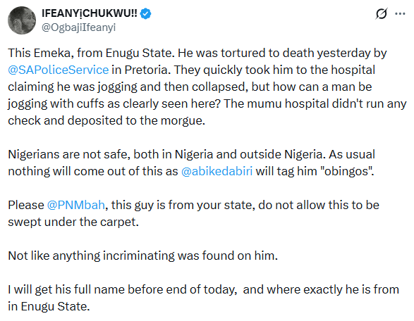 Nigerian man cries out for justice after a fellow Nigerian was allegedly be@ten to de@th by police officers in South Africa