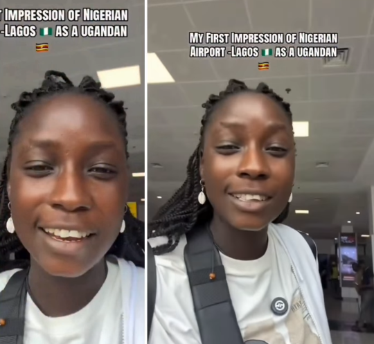 Screenshot of the Ugandan woman speaking in a video about her experience at Lagos airport