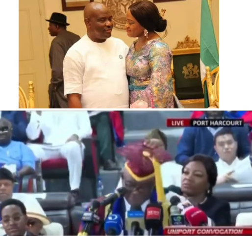 FCT Minister, Nyesom Wikeâs wife, Justice Suzette, âpeppers singlesâ as she pampers her husband at UNIPORT convocation