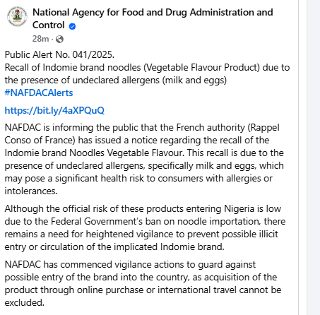 NAFDAC orders recall of Indomie brand noodles (Vegetable Flavour Product) due to the presence of undeclared allergens (milk and eggs)
