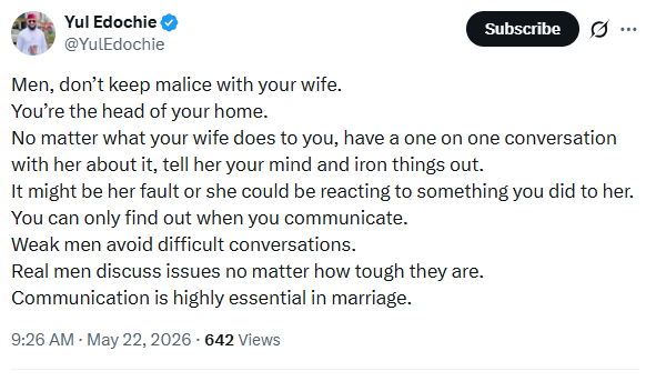 Yul Edochie cautions men against keeping malice with their wives