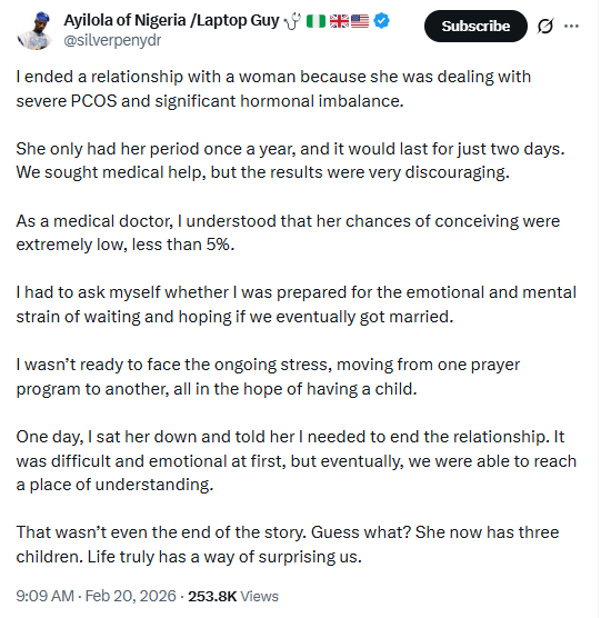 Medical doctor shares aftermath from a relationship he ended because the lady suffered a medical condition which affects fertility