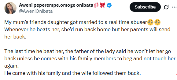 Screenshot of an X post detailing the alleged death of a woman due to domestic abuse.