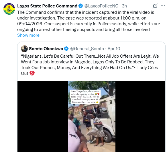 Police arrest suspect over fake job interview robbery in Lagos