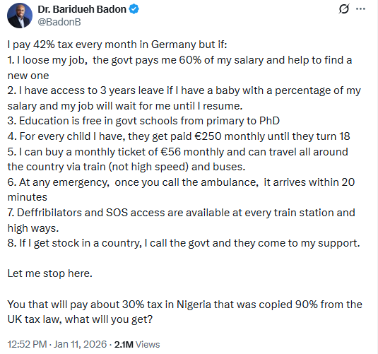 If I loose my job, the govt pays me 60% of my salary and help to find a new one - Nigerian doctor based in Germany lists benefits of paying his taxes as he asks Nigerians what benefits they derive after tax payment