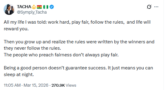 Being a good person doesn?t guarantee success. It just means you can sleep at night - BBNaija?s Tacha