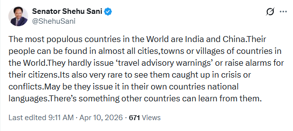 Senator Shehu Sani writes on what other countries can learn from India and China after the US embassy issued travel advisory to their citizens in Abuja