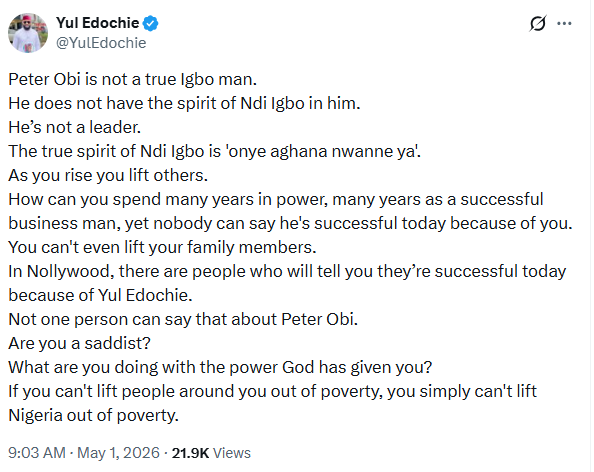 Peter Obi is not a true Igbo man.He does not have the spirit of Ndi Igbo in him - actor, Yul Edochie