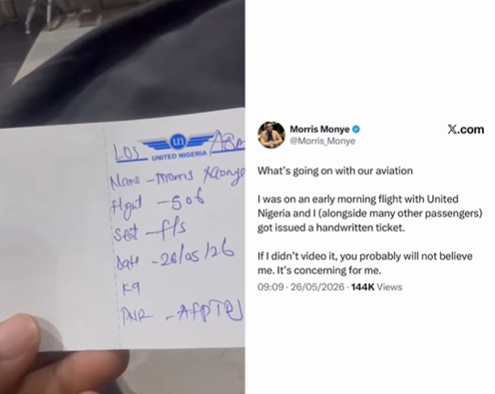 Fintech boss calls out Nigerian airline for allegedly issuing him and other passengers a handwritten ticket