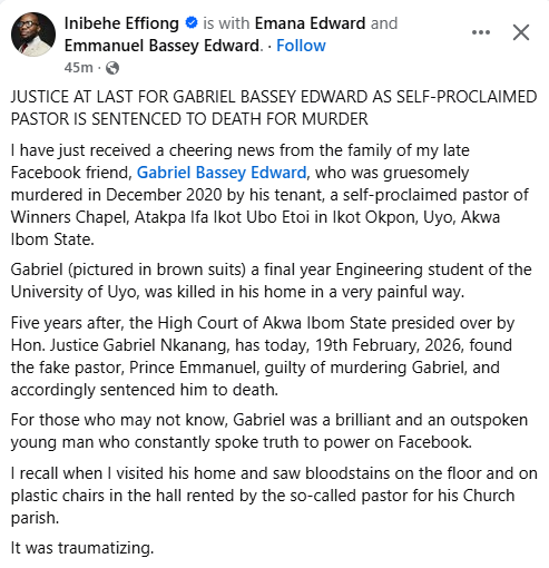 Court sentences pastor to d3ath for m8rder of UNIUYO final year student in Akwa Ibom