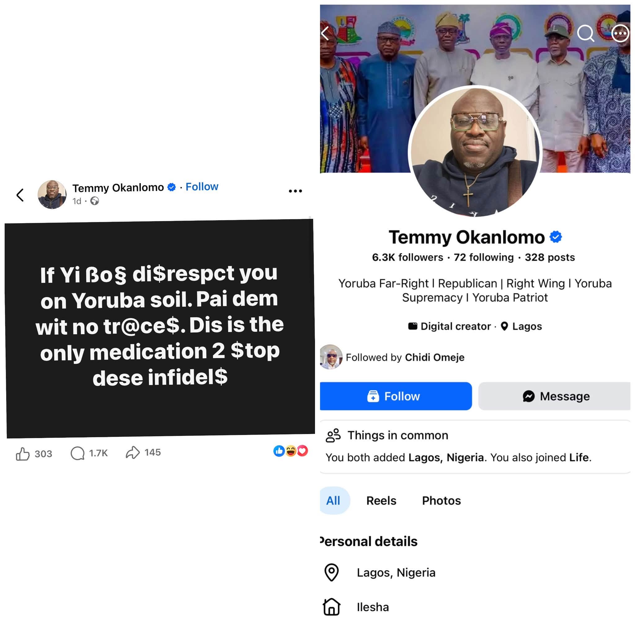 ‘Yoruba patriots’ gather on Facebook to call for k!lling of Igbos in Yoruba land while also celebrating the k!lling of an Igbo family including their 5-year-old child by Yoruba touts in Oyo