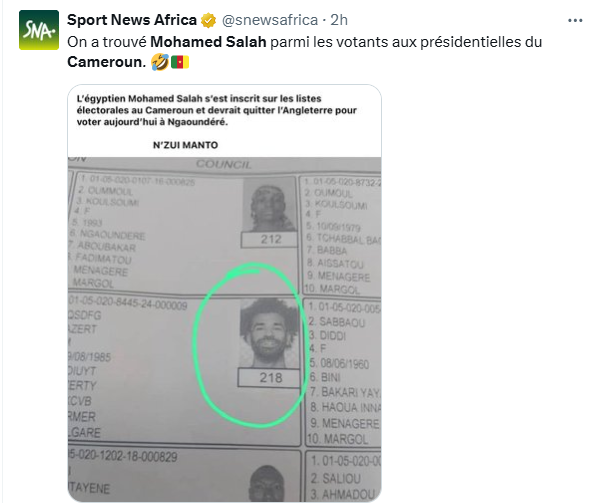Cameroon presidential election: Football star Mohamed Salah appears on registered voters list