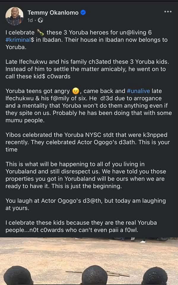 ‘Yoruba patriots’ gather on Facebook to call for k!lling of Igbos in Yoruba land while also celebrating the k!lling of an Igbo family including their 5-year-old child by Yoruba touts in Oyo