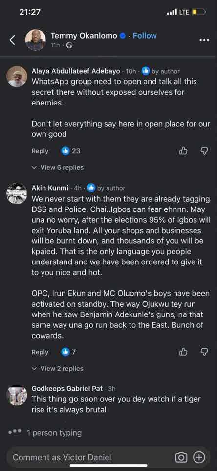 ‘Yoruba patriots’ gather on Facebook to call for k!lling of Igbos in Yoruba land while also celebrating the k!lling of an Igbo family including their 5-year-old child by Yoruba touts in Oyo