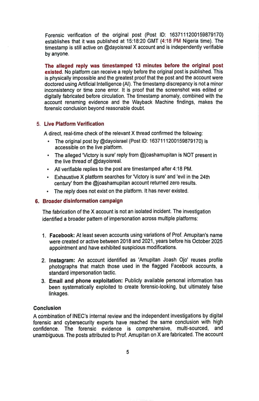 INEC claims forensic investigation clears its chairman Prof. Joash Amupitan of having controversial X account
