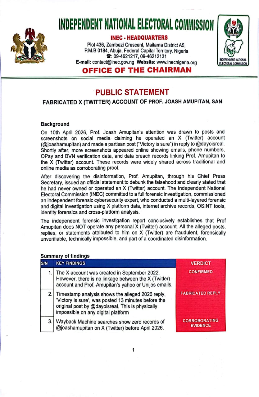 INEC claims forensic investigation clears its chairman Prof. Joash Amupitan of having controversial X account