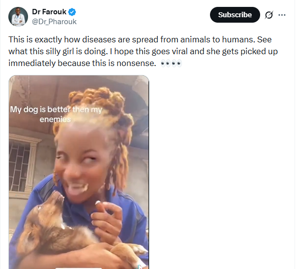 Nigerian doctor raises alarm over viral video of young lady using her mouth to extract liquid from her dog and swallowing it