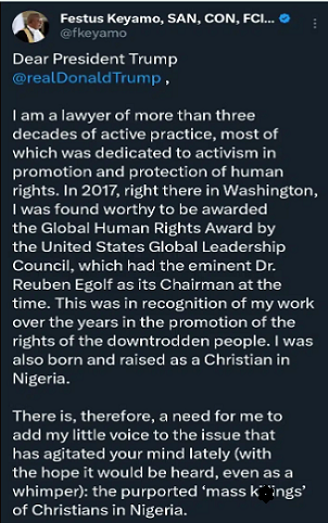 Claims of targeted k!lling of Christians in Nigeria are false ?�Festus Keyamo says in open letter to Trump