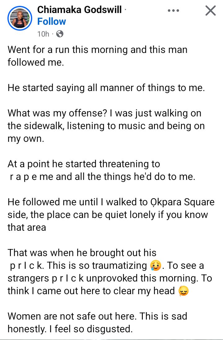 This is so traumatizing - Nigerian woman films man who followed her during morning run, threatening to r@pe her while m@sturbating (video)