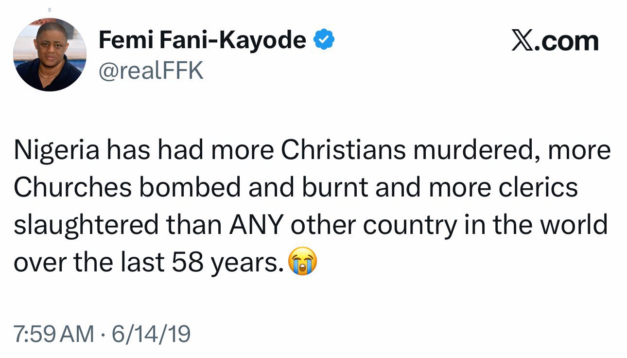 Nigerians dig up tweets by former minister Femi Fani-Kayode where he raised an alarm of Christianity being under attack in Nigeria just after he lashed out at Trump