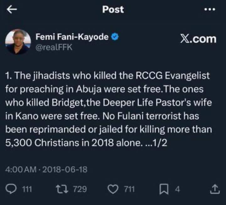 Nigerians dig up tweets by former minister Femi Fani-Kayode where he raised an alarm of Christianity being under attack in Nigeria just after he lashed out at Trump
