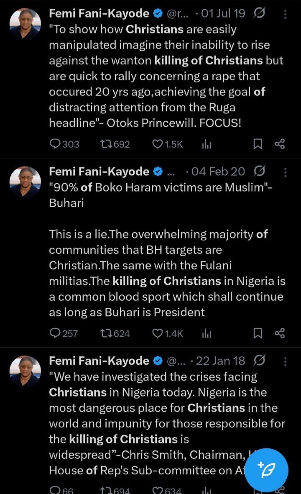Nigerians dig up tweets by former minister Femi Fani-Kayode where he raised an alarm of Christianity being under attack in Nigeria just after he lashed out at Trump