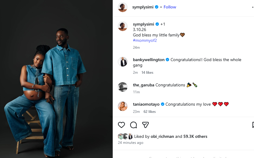 Singers Simi and Adekunle Gold welcome their second child