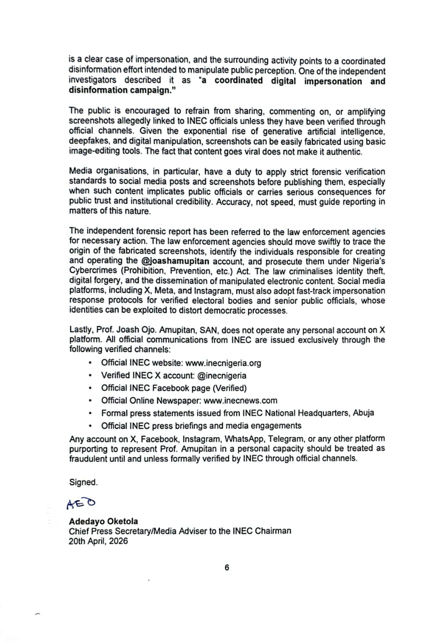 INEC claims forensic investigation clears its chairman Prof. Joash Amupitan of having controversial X account