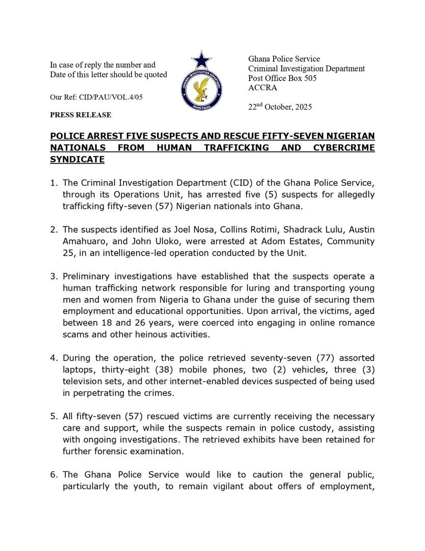 Ghana police arrest five suspects, rescue 57 Nigerian nationals from human trafficking and cybercrime syndicate