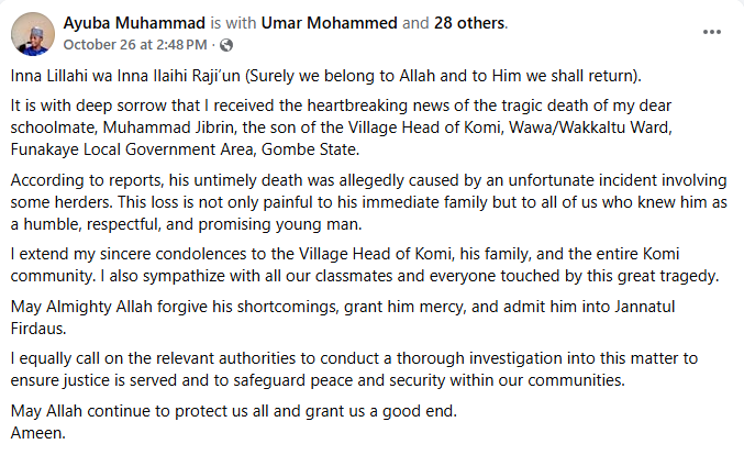 Police officer and village head?s son k!lled in Gombe farmers-herders clash