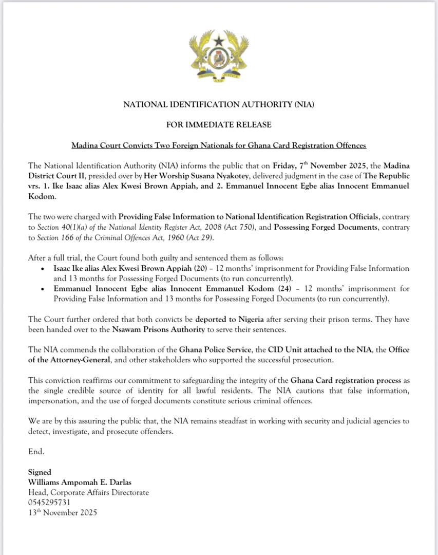 Two Nigerians jailed for attempting to obtain Ghana Cards using false identities