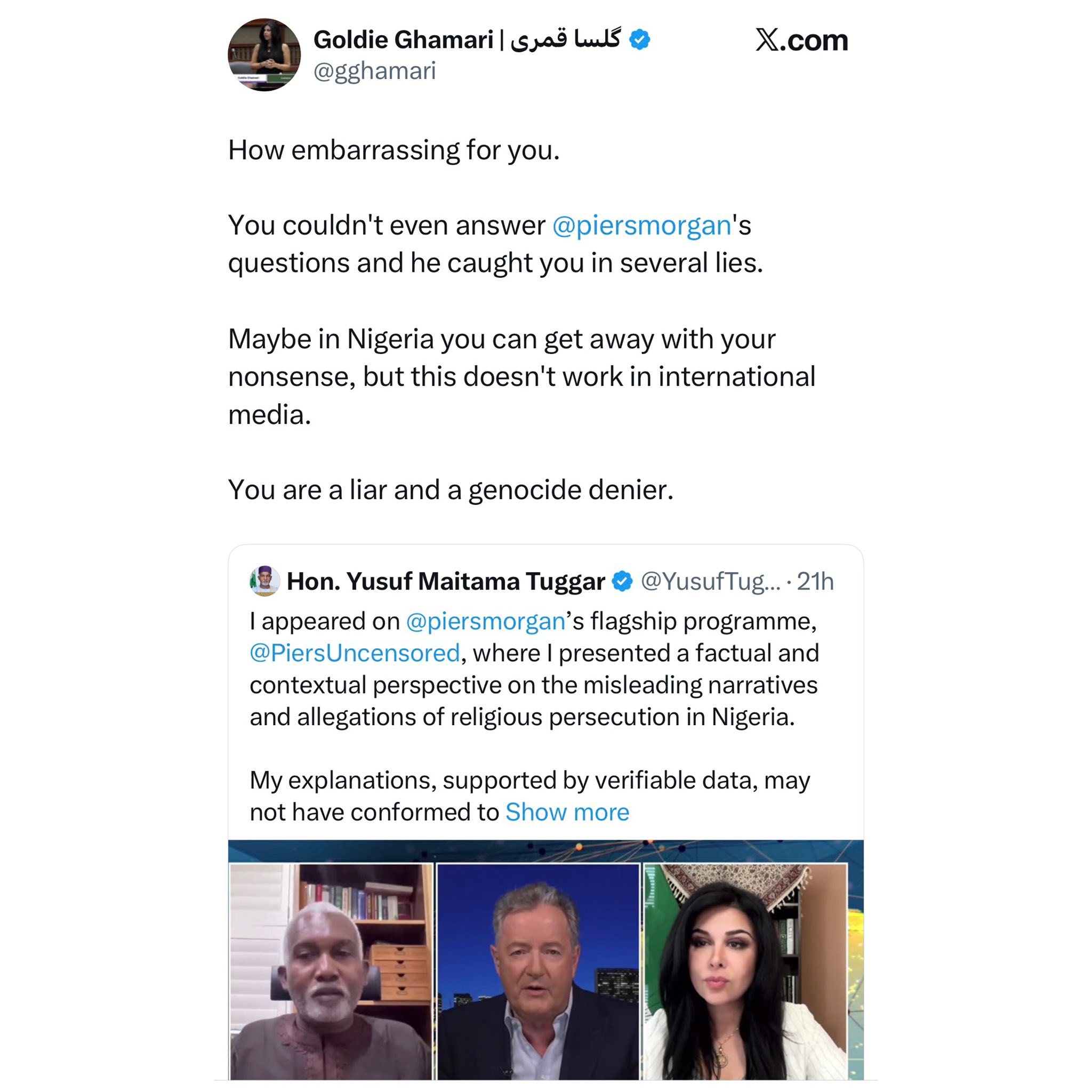 You are a liar and a genocide denier - Political analyst Goldie Ghamari slams Nigeria?s foreign affairs minister Yusuf Tuggar