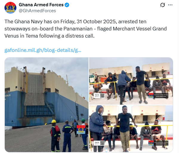 Ghana Navy arrests 10 Nigerian stowaways onboard Panamanian vessel