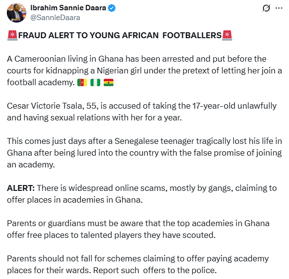 Cameroonian man detained in Ghana for abducting and sexually abusing 17-year-old Nigerian girl under the guise of football recruitment