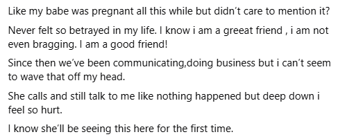 Nigerian lady recalls feeling betrayed when a close friend she kept updated about her pregnancy journey hid her own pregnancy from her