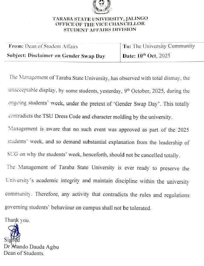 Gender Swap Day: Taraba varsity suspends SUG over alleged misconduct during students