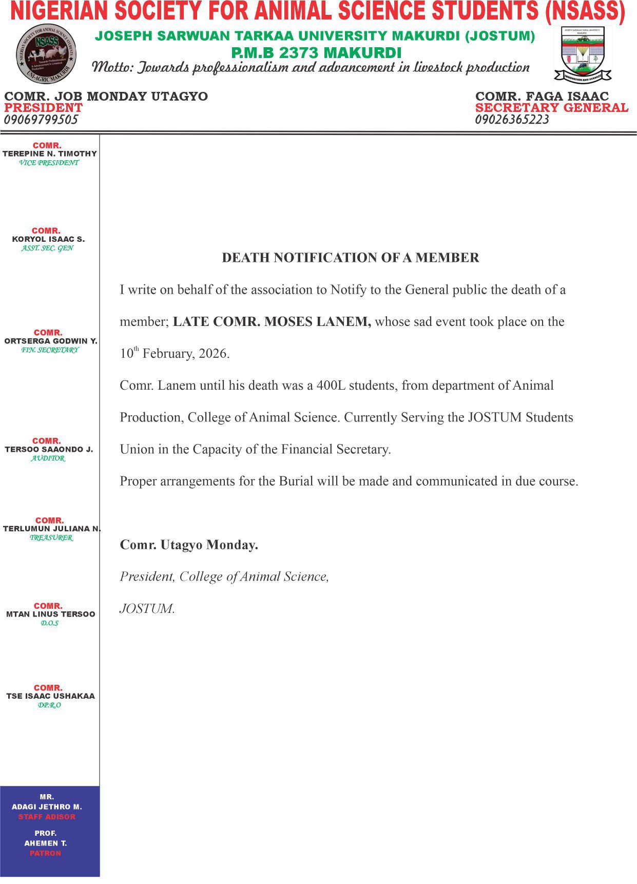 400-level Benue varsity student found d3ad in Makurdi community