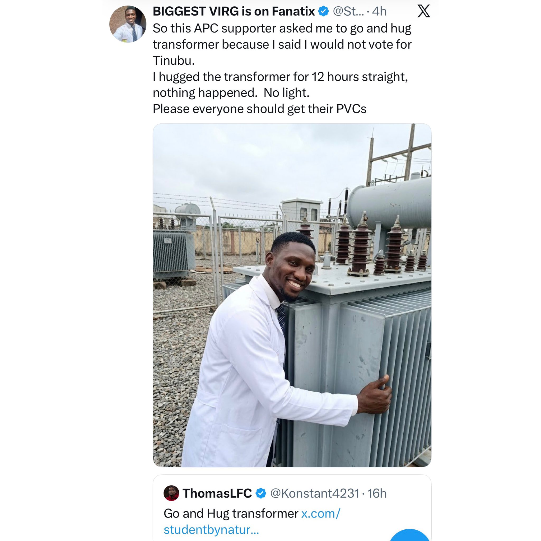 I hugged the transformer for 12 hours straight and nothing happened. No light - Nigerian man shares his experience with President Tinubu supporter who asked him to hug transformer