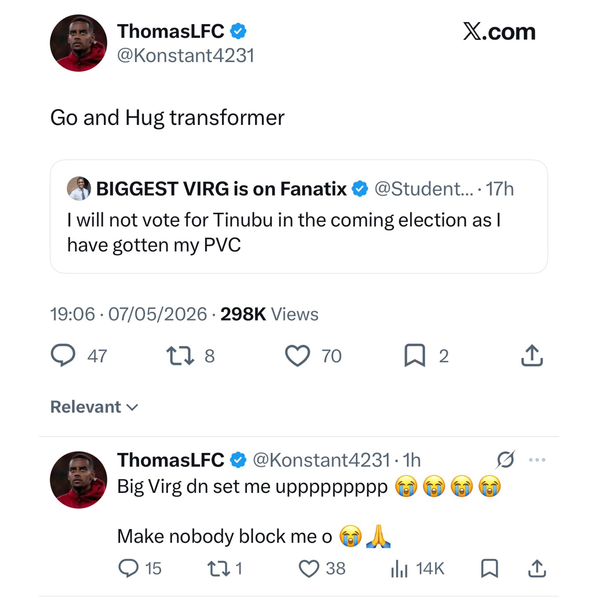 I hugged the transformer for 12 hours straight and nothing happened. No light - Nigerian man shares his experience with President Tinubu supporter who asked him to hug transformer