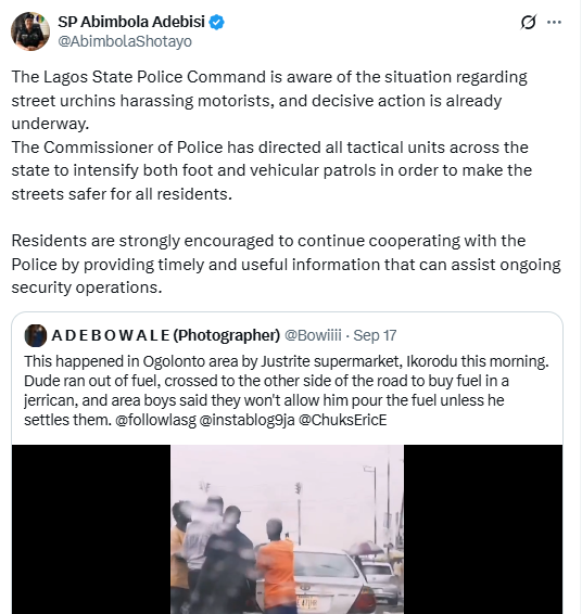 Lagos police command reacts to trending video of street urchins demanding money from commuter whose car ran out of fuel