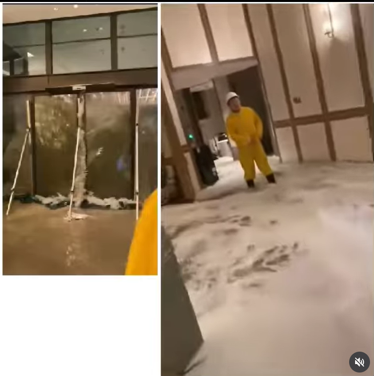 Moment floodwaters forcefully break into Hong Kong hotel as Super Typhoon Regasa batters the city