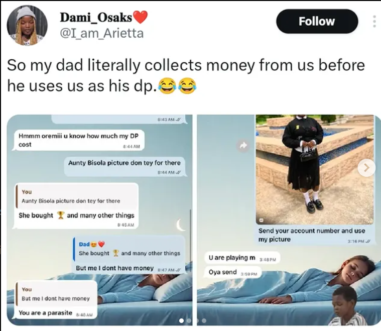 Lady shares funny chat with her dad who collects posting fee before using childrens pictures on his WhatsApp DP