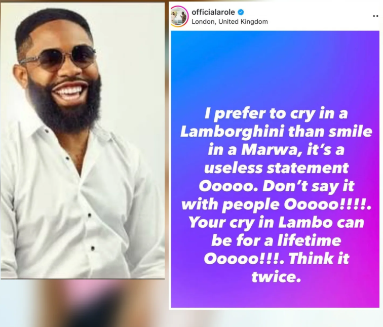 Comedian, Woli Arole advises against the popular âI prefer to cry in a Lamborghiniâ saying