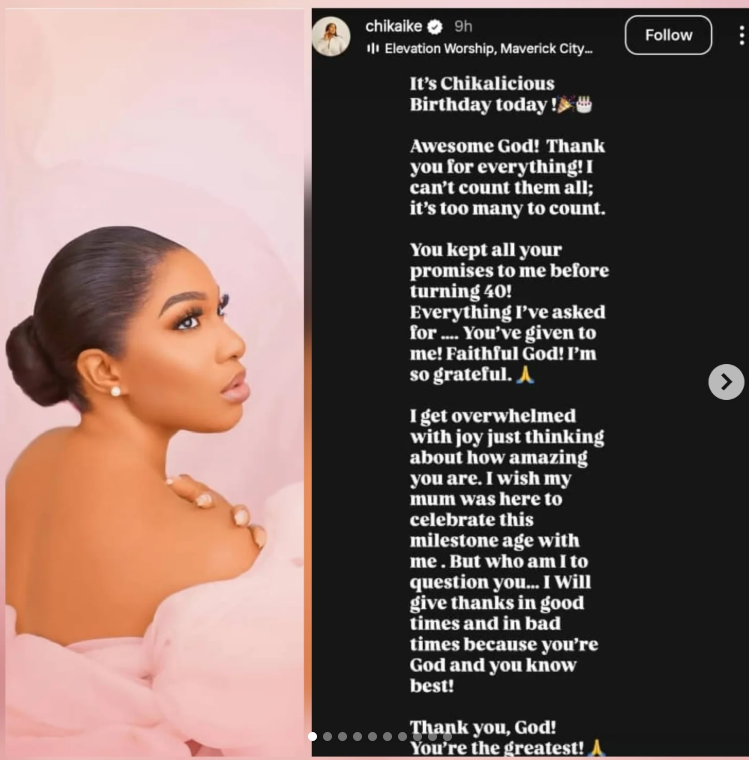 Actress Chika Ike celebrates 40th birthday, reflects on God?s faithfulness over the years, especially motherhood