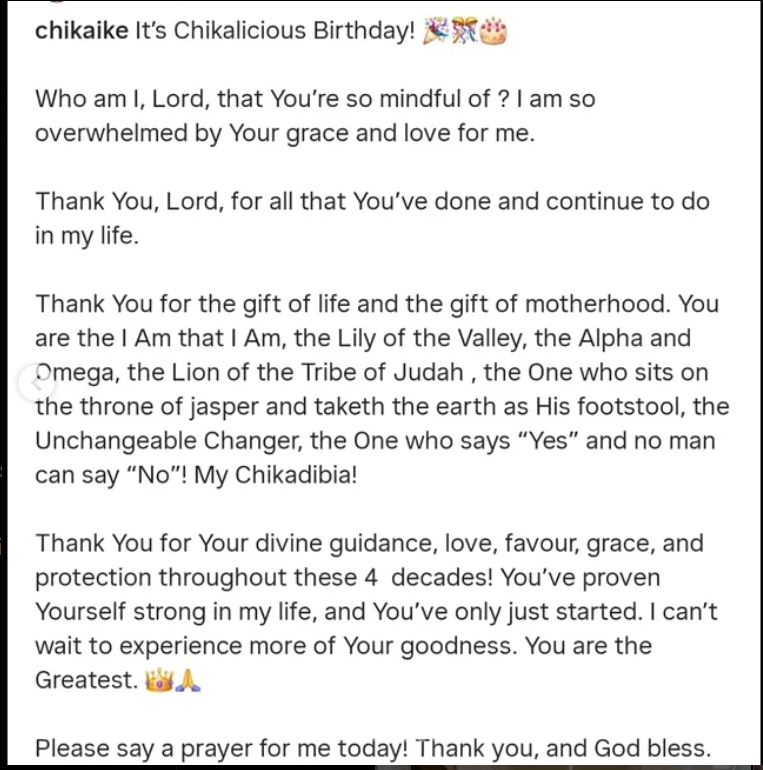 Actress Chika Ike celebrates 40th birthday, reflects on God?s faithfulness over the years, especially motherhood