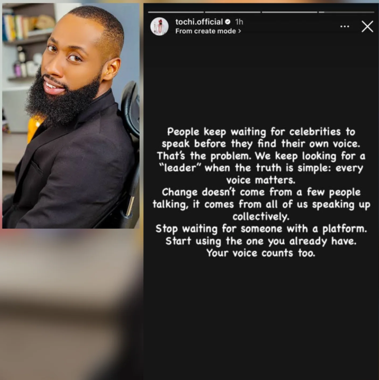 BBN star Tochi tells Nigerians to stop waiting for celebrities to ?lead the conversation?